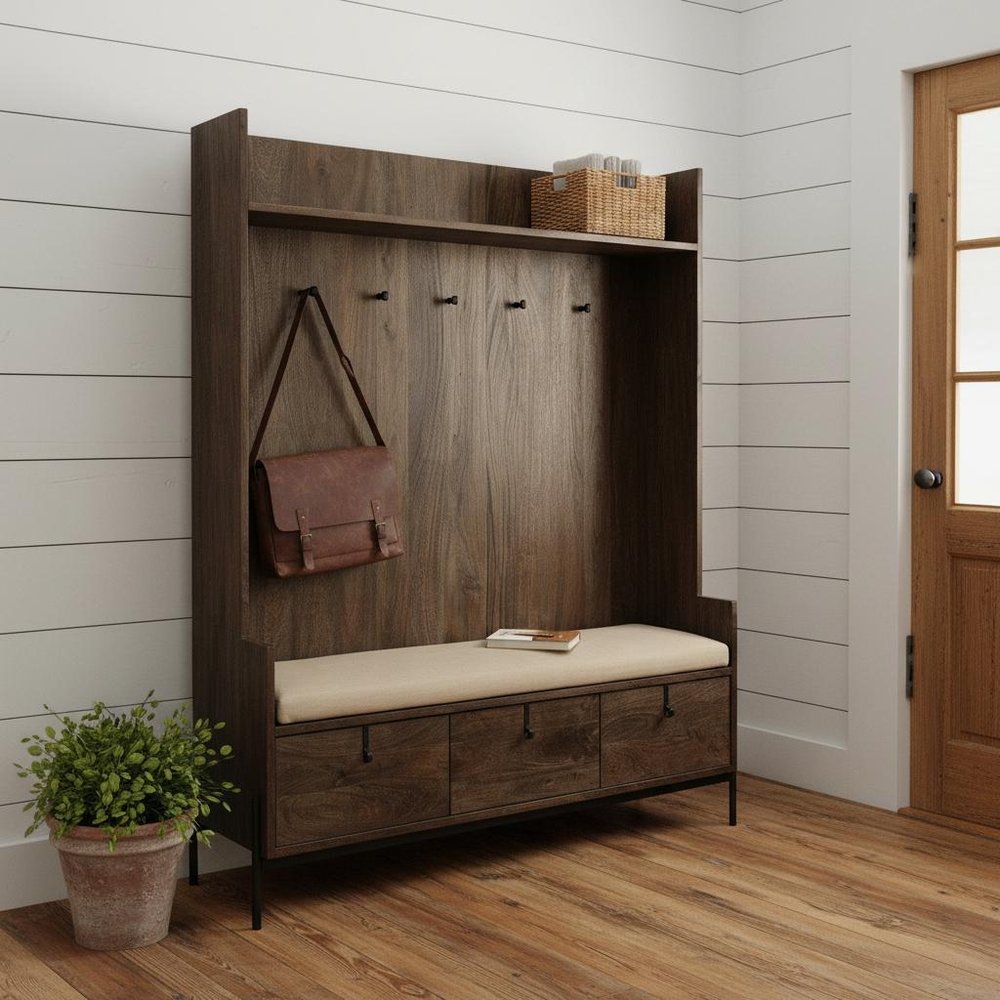Brown Wood Cream Fabric Wrapped Seat Hall Tree With Storage in a home interior