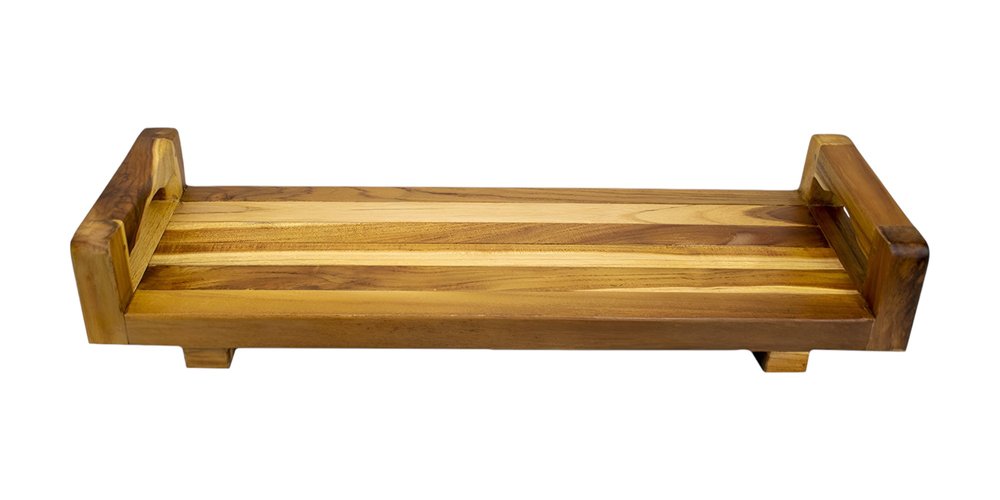 29" Natural Teak Bath Tray and Seat with Handles. Shower bench isolated on a plain white background, finished in tan teak.