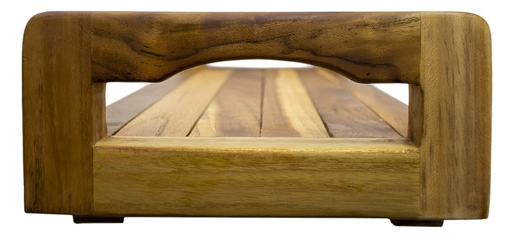 29" Natural Teak Bath Tray and Seat with Handles. Shower bench isolated on a plain white background, in a tan teak finish.