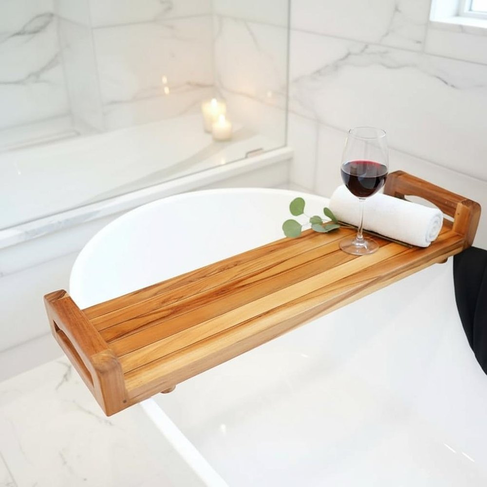 29" Natural Teak Bath Tray and Seat with Handles. Shower bench isolated on a plain white background, showing a tan teak surface.