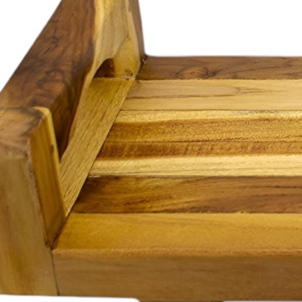 Close-up of 29" Natural Teak Bath Tray and Seat with Handles showing tan teak detail.