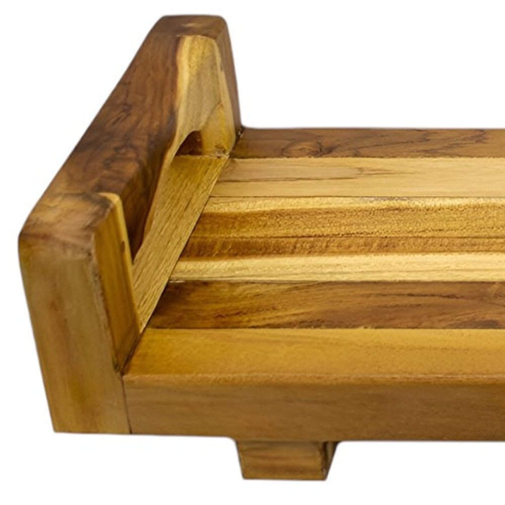 29" Natural Teak Bath Tray and Seat with Handles. Shower bench isolated on a plain white background, in a tan teak finish.