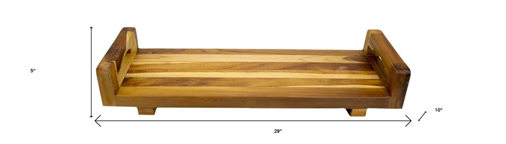 29" Natural Teak Bath Tray and Seat with Handles. Shower bench isolated on a plain white background, finished in tan teak.
