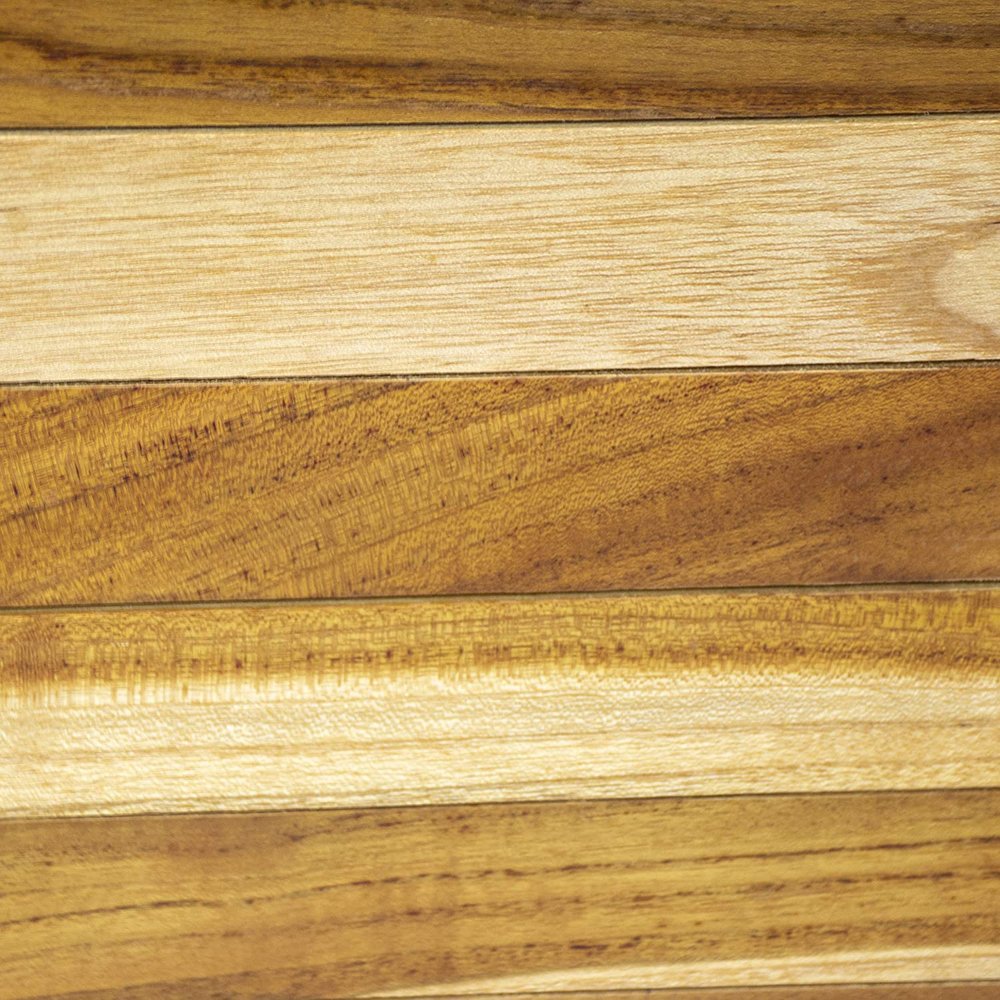 Natural teak bath tray and seat with handles, showing horizontal wood grain in shades of brown and tan.