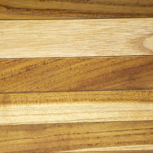 Natural teak bath tray and seat with handles, showing horizontal wood grain in shades of brown and tan.