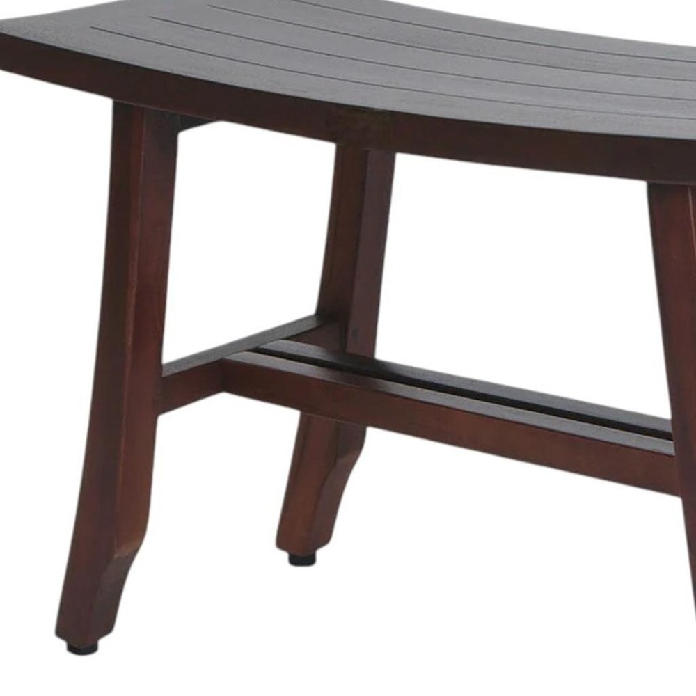 24" Dark Brown Solid Teak Wood Shower Bench. Shower bench isolated on a plain white background, finished in brown teak.