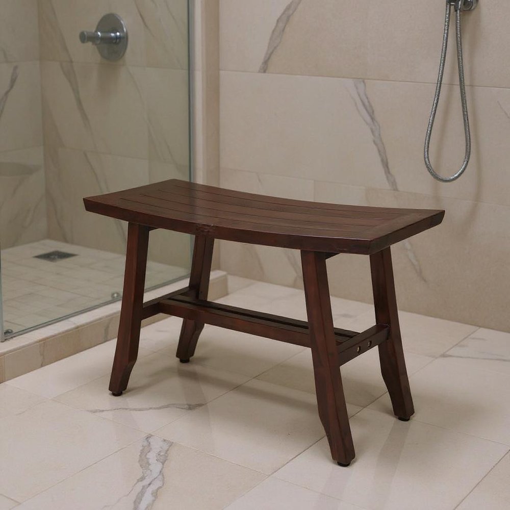 Close-up of 24" Dark Brown Solid Teak Wood Shower Bench showing the dark brown teak texture.