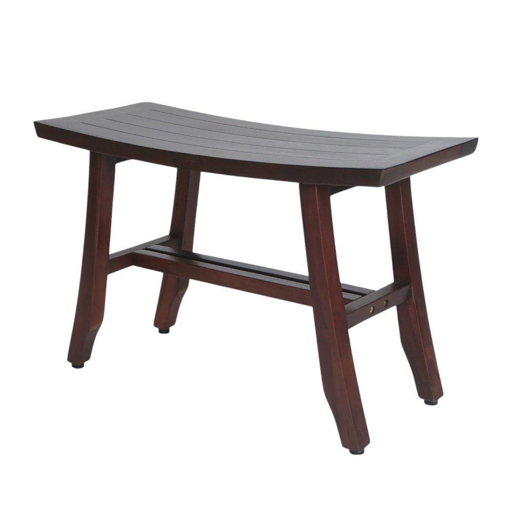 Dark brown solid teak wood shower bench with a curved seat and slatted design, on a white background.