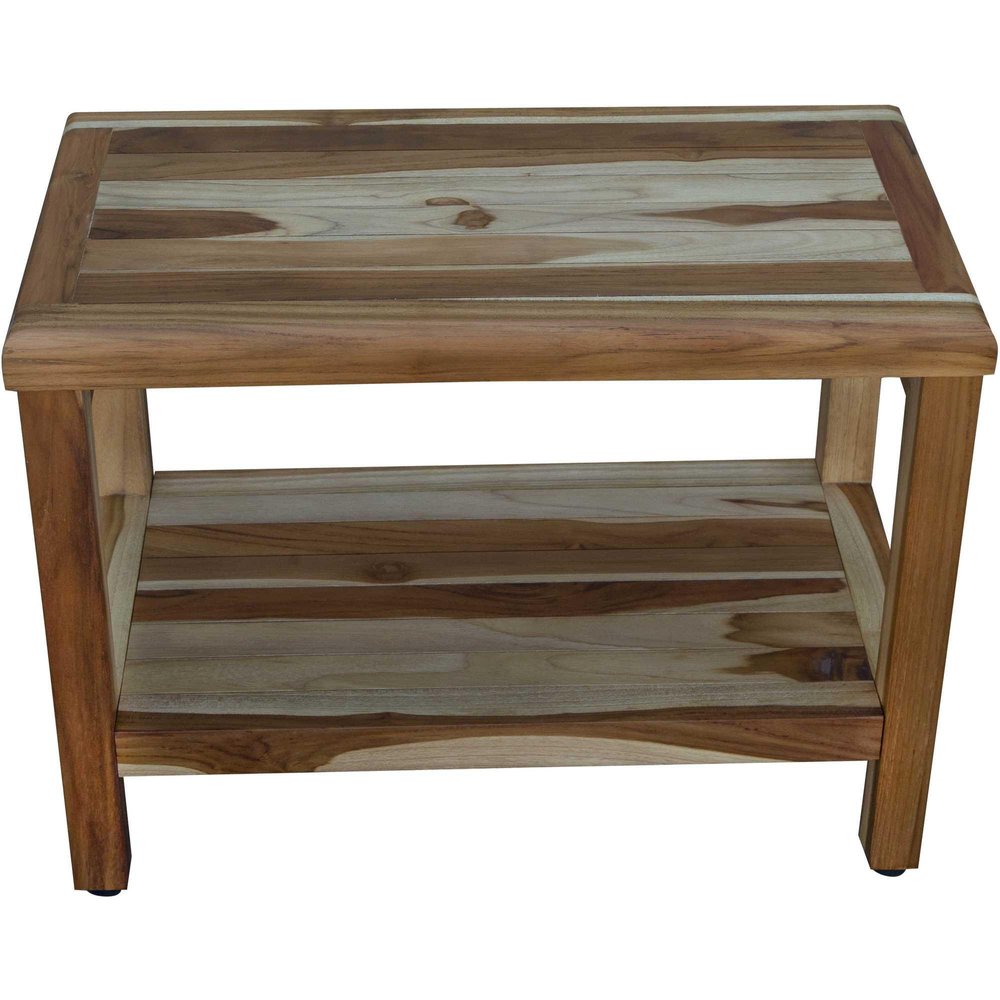 24" Natural Teak Rectangular Shower Bench With Shelf. Shower bench isolated on a plain white background, in a tan teak finish.
