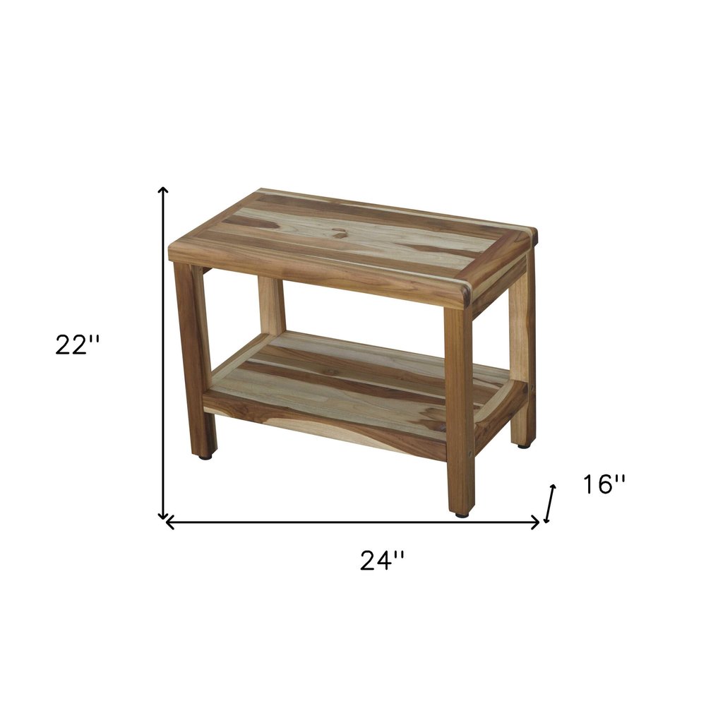 24" Natural Teak Rectangular Shower Bench With Shelf. Shower bench isolated on a plain white background, showing a tan teak surface.