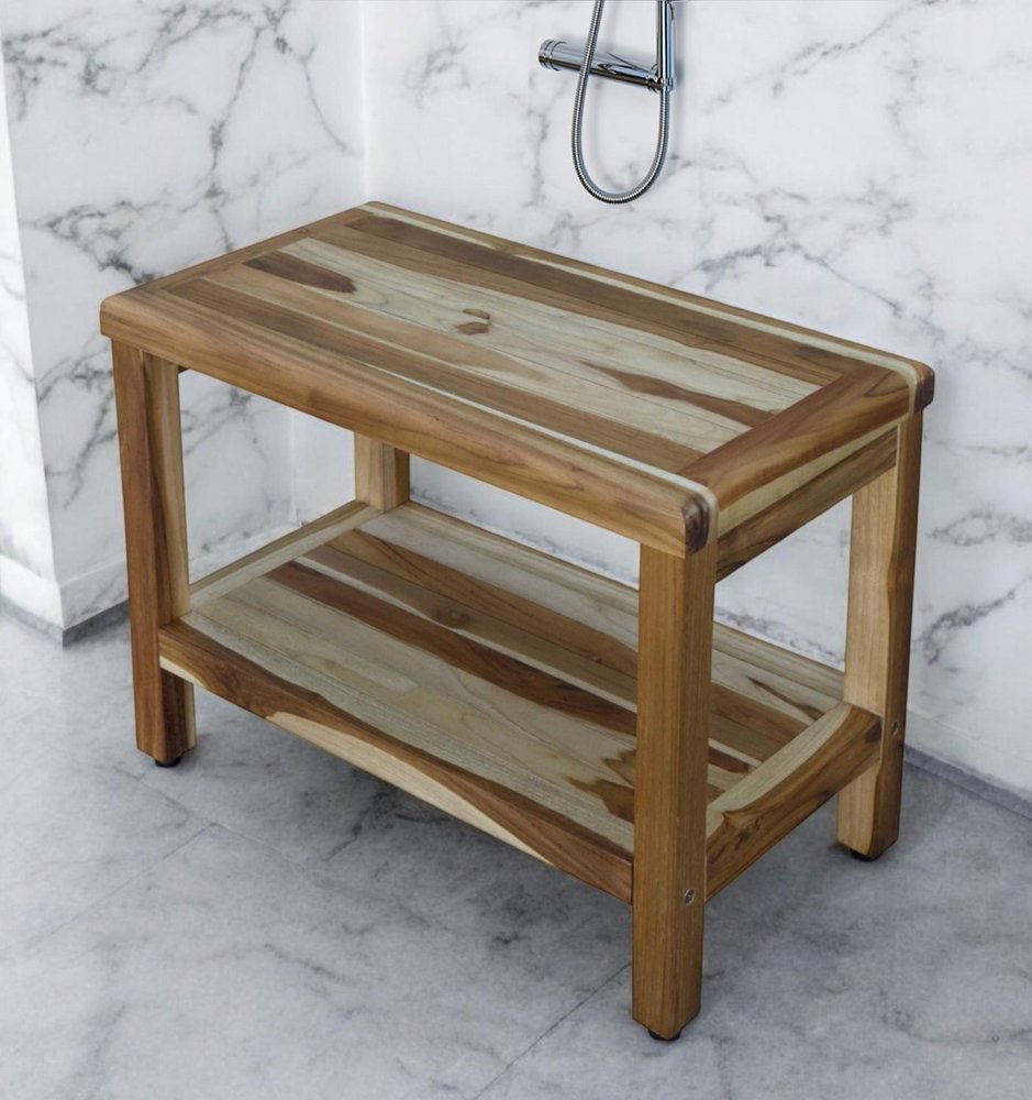 24" Natural Teak Rectangular Shower Bench With Shelf. Shower bench isolated on a plain white background, showing a teak surface.