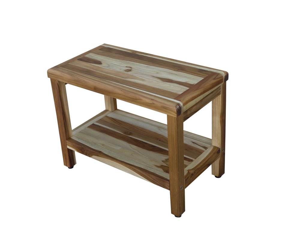 24" Natural Teak Rectangular Shower Bench With Shelf. Shower bench isolated on a plain white background, finished in tan teak.