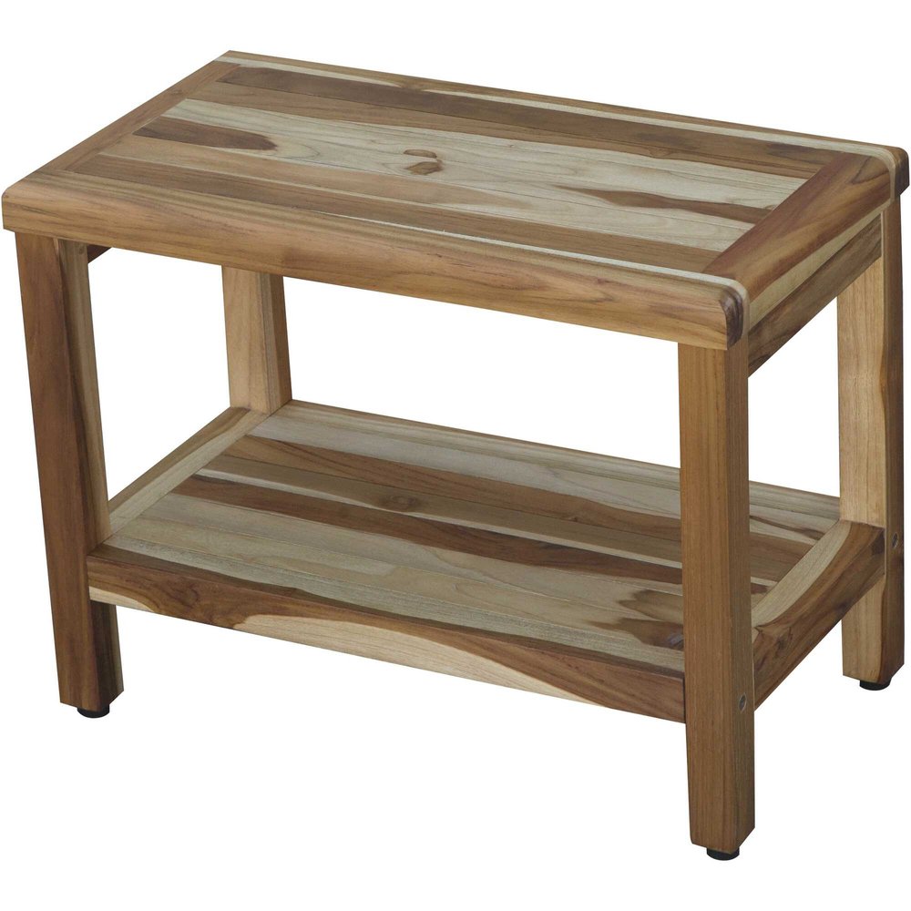 24" Natural Teak Rectangular Shower Bench With Shelf. Shower bench isolated on a plain white background, showing a tan teak surface.