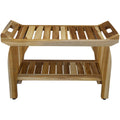 29" Teak Rectangular Shower Outdoor Bench With Handles In Natural Finish. Shower bench isolated on a plain white background, finished in tan wood.