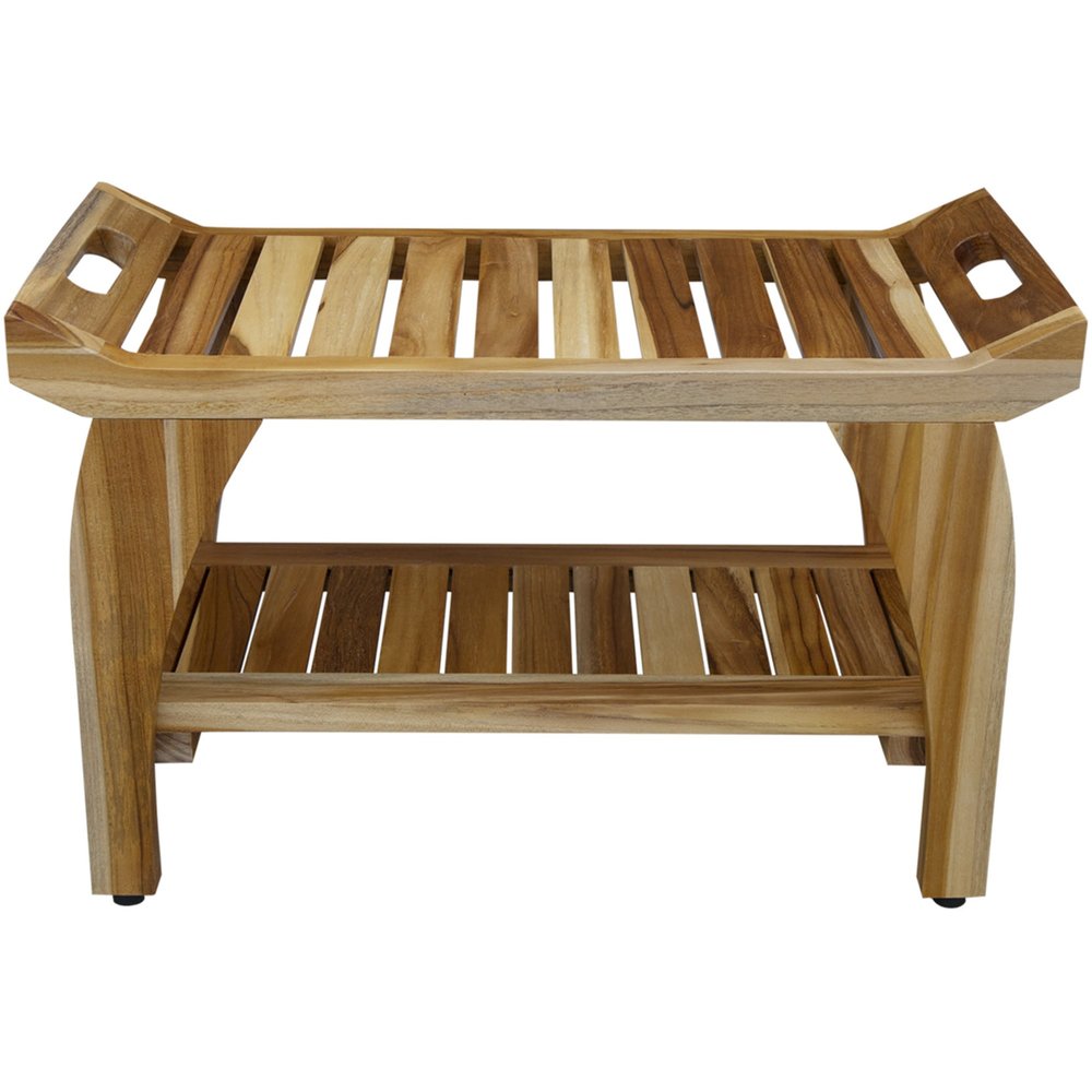 29" Teak Rectangular Shower Outdoor Bench With Handles In Natural Finish. Shower bench isolated on a plain white background, finished in tan wood.