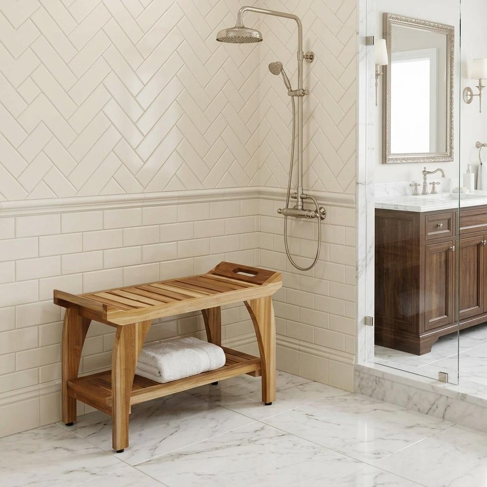 29" Teak Rectangular Shower Outdoor Bench With Handles In Natural Finish