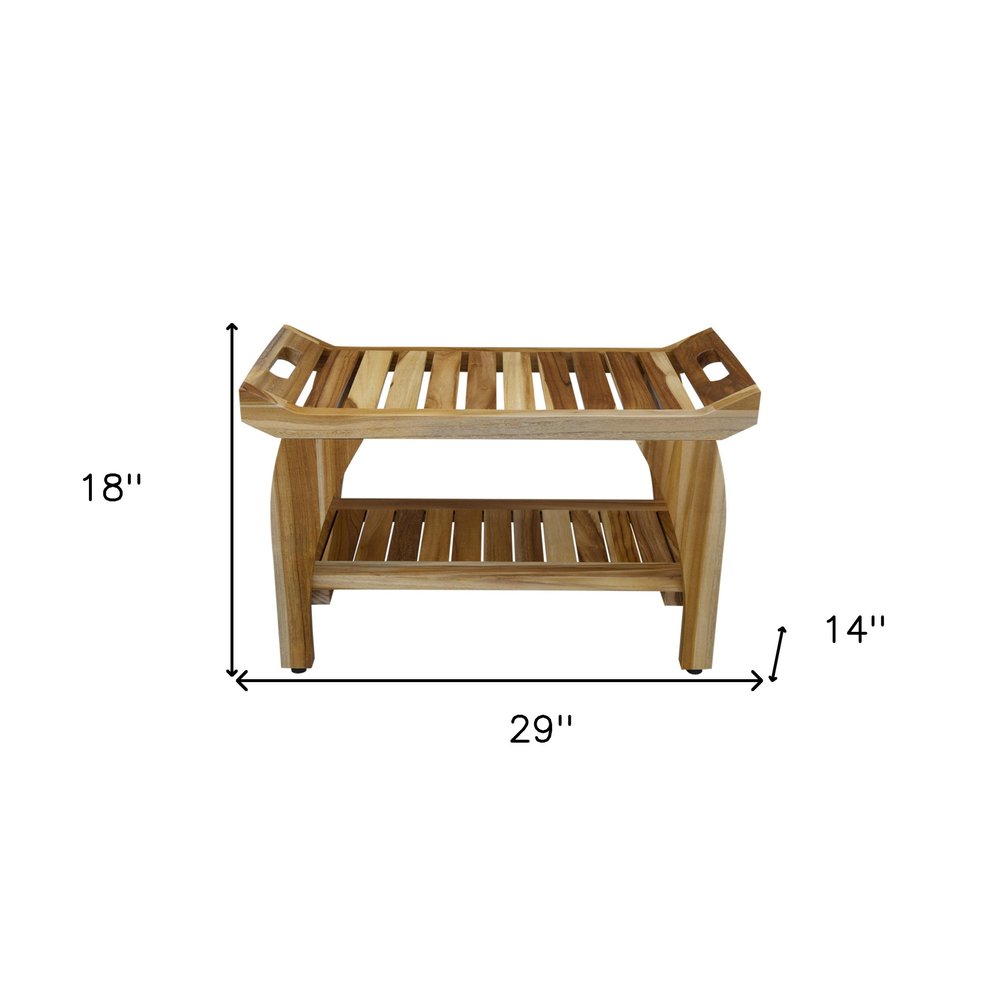 29" Teak Rectangular Shower Outdoor Bench With Handles In Natural Finish. Shower bench isolated on a plain white background, showing a tan wood surface.