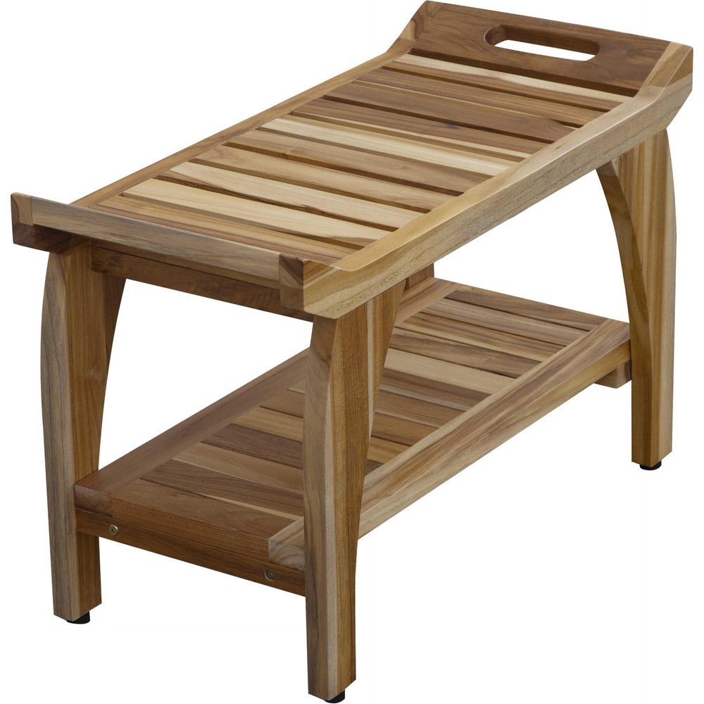 29" Teak Rectangular Shower Outdoor Bench With Handles In Natural Finish. Shower bench isolated on a plain white background, in a tan wood finish.