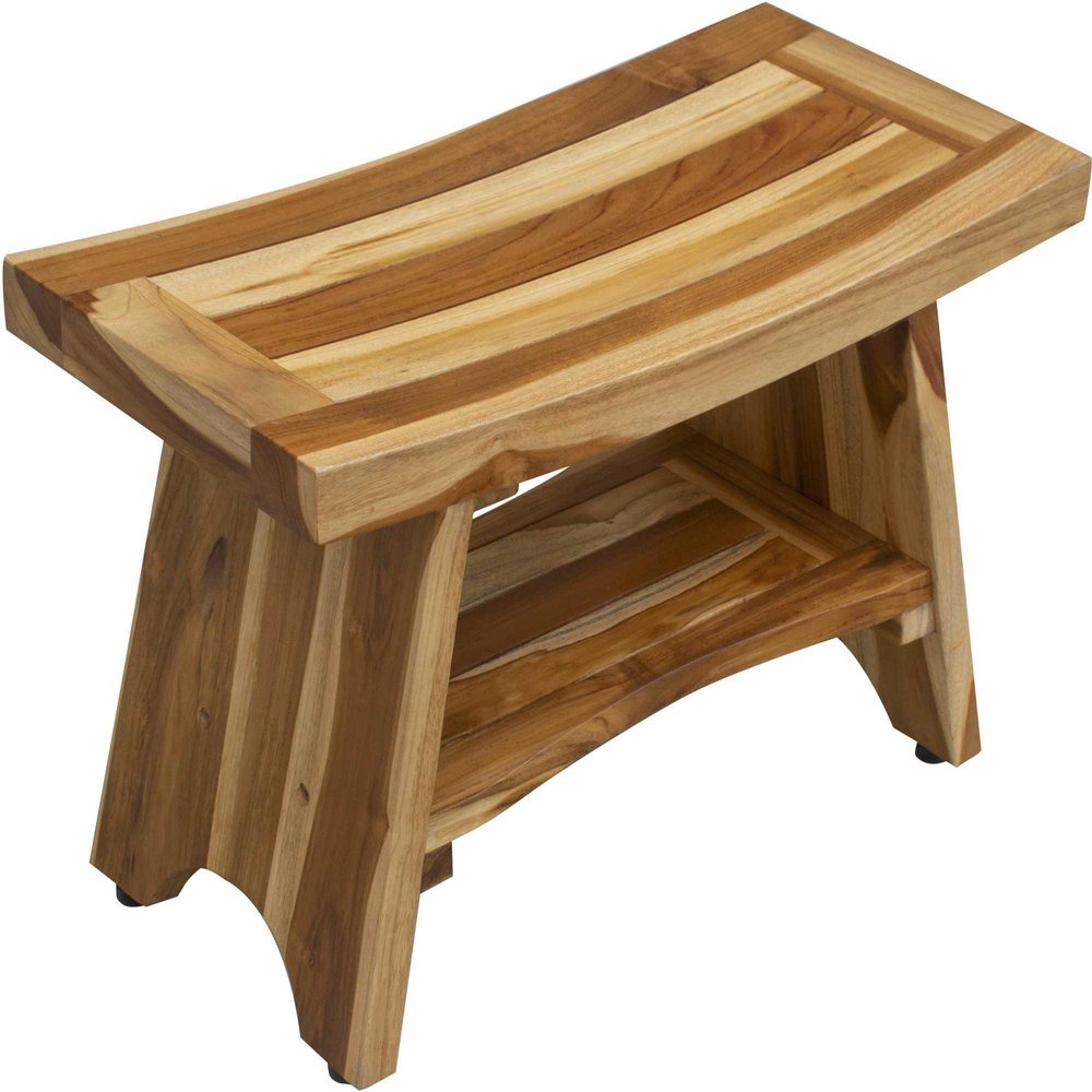24" Natural Teak Rectangular Shower Bench With Shelf. Shower bench isolated on a plain white background, finished in tan teak.