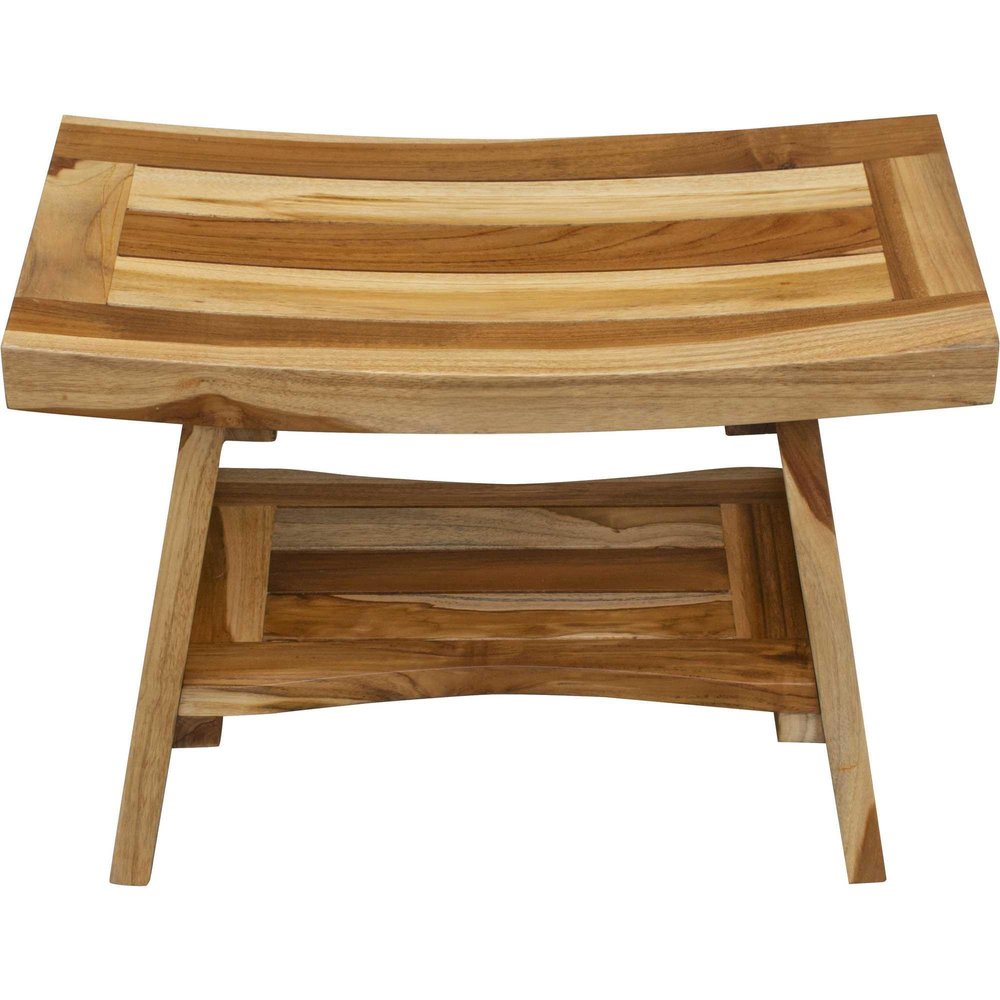 24" Natural Teak Rectangular Shower Bench With Shelf. Shower bench isolated on a plain white background, showing a tan teak surface.