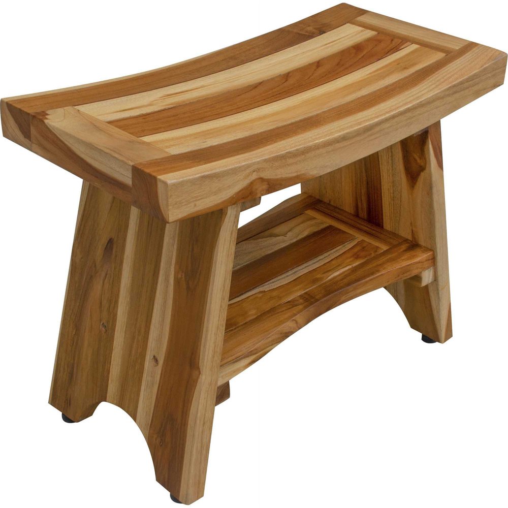 24" Natural Teak Rectangular Shower Bench With Shelf. Shower bench isolated on a plain white background, finished in tan teak.