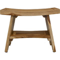 24" Natural Teak Rectangular Shower Bench With Shelf. Shower bench isolated on a plain white background, showing a tan teak surface.