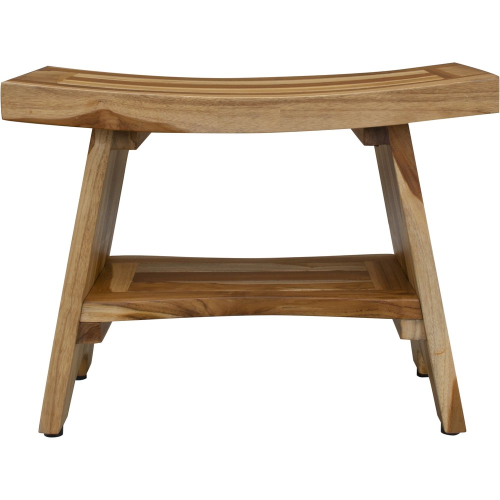 Natural teak rectangular shower bench with a curved seat and lower shelf, shown against a white background.