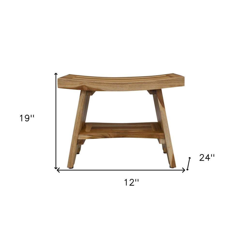 24" Natural Teak Rectangular Shower Bench With Shelf. Shower bench isolated on a plain white background, in a tan teak finish.