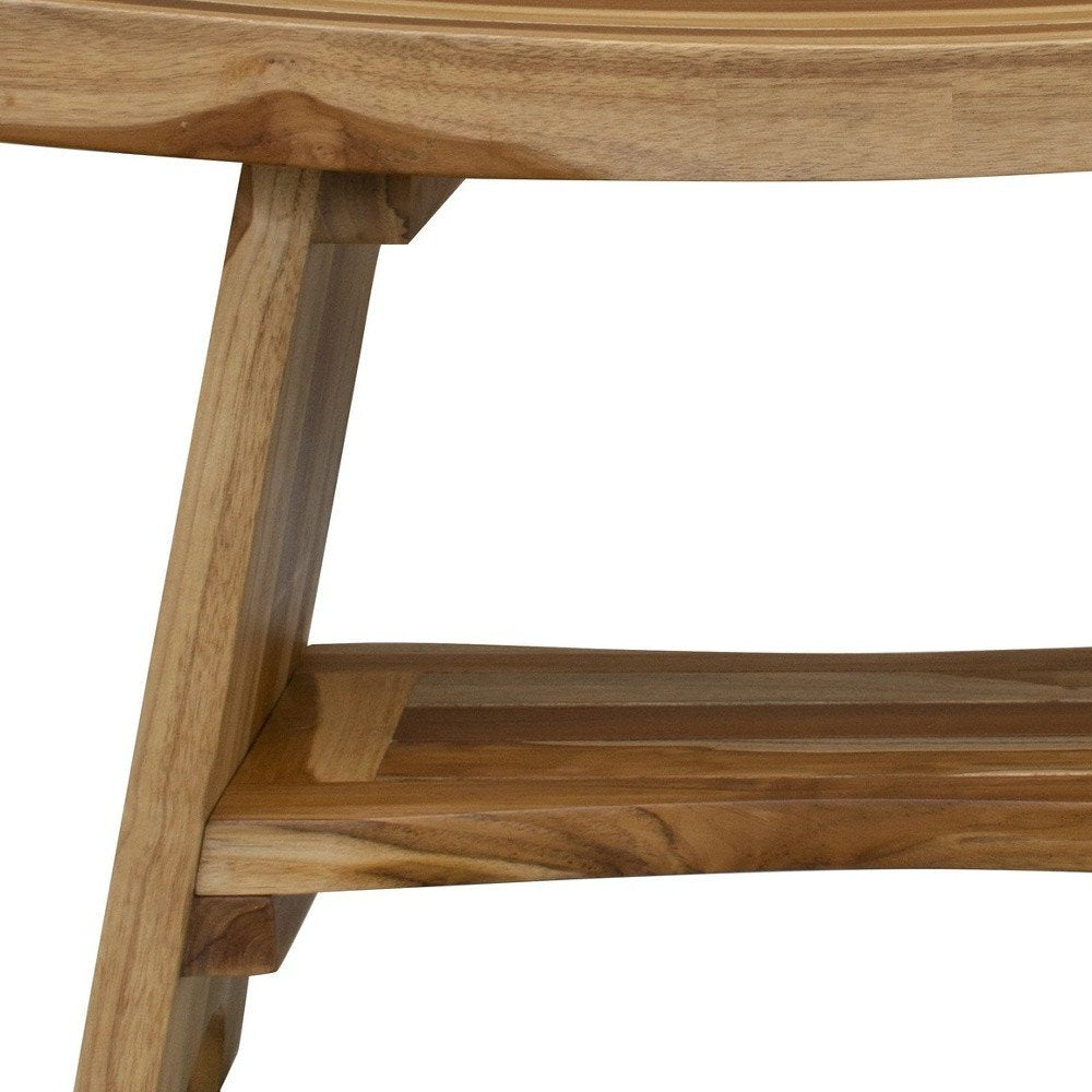 24" Natural Teak Rectangular Shower Bench With Shelf. Shower bench isolated on a plain white background, showing a tan teak surface.