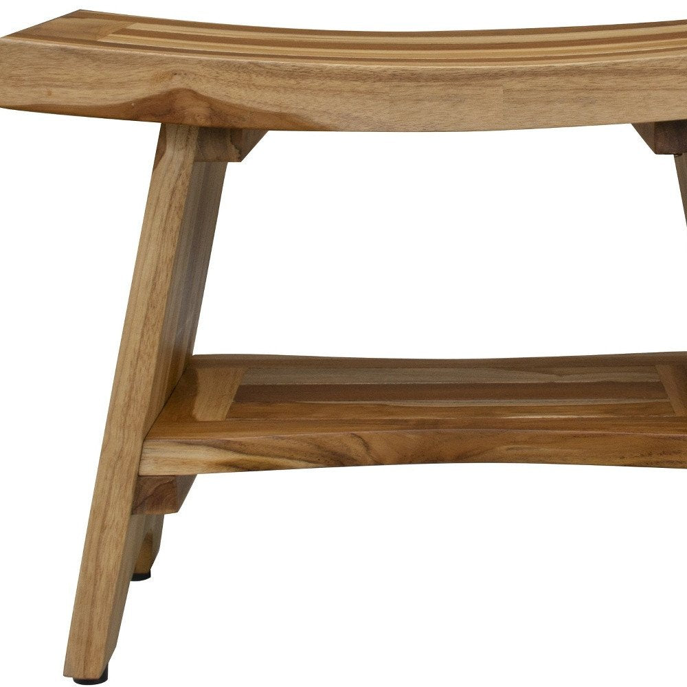24" Natural Teak Rectangular Shower Bench With Shelf. Shower bench isolated on a plain white background, in a tan teak finish.