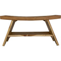 35" Teak Rectangular Shower Outdoor Bench With Shelf In Natural Finish. Shower bench isolated on a plain white background, showing a tan wood surface.