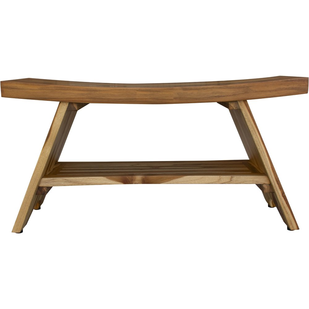 A natural finish teak shower bench with a slatted shelf and curved seat, isolated on a white background.