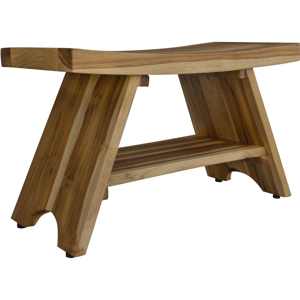 35" Teak Rectangular Shower Outdoor Bench With Shelf In Natural Finish. Shower bench isolated on a plain white background, in a tan wood finish.