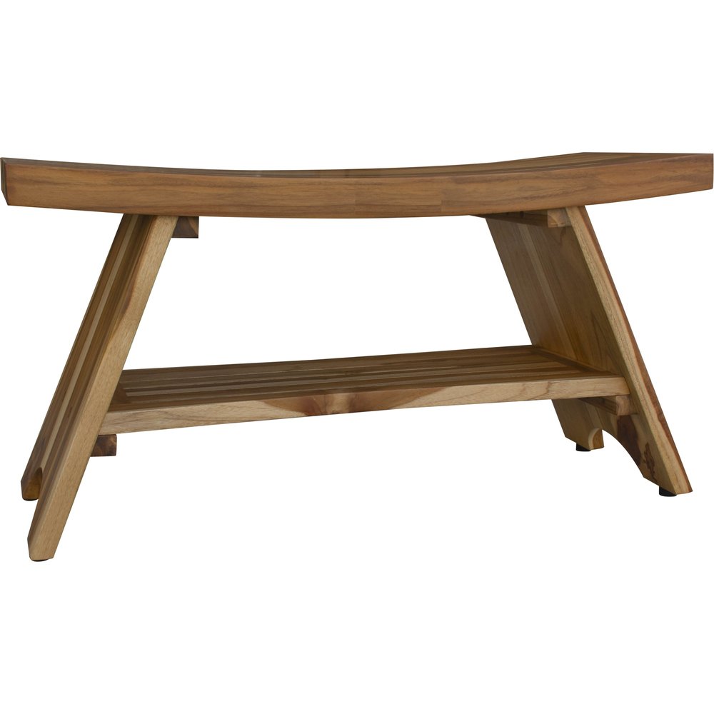 35" Teak Rectangular Shower Outdoor Bench With Shelf In Natural Finish. Shower bench isolated on a plain white background, finished in tan wood.