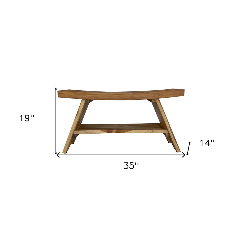 35" Teak Rectangular Shower Outdoor Bench With Shelf In Natural Finish. Shower bench isolated on a plain white background, finished in tan wood.
