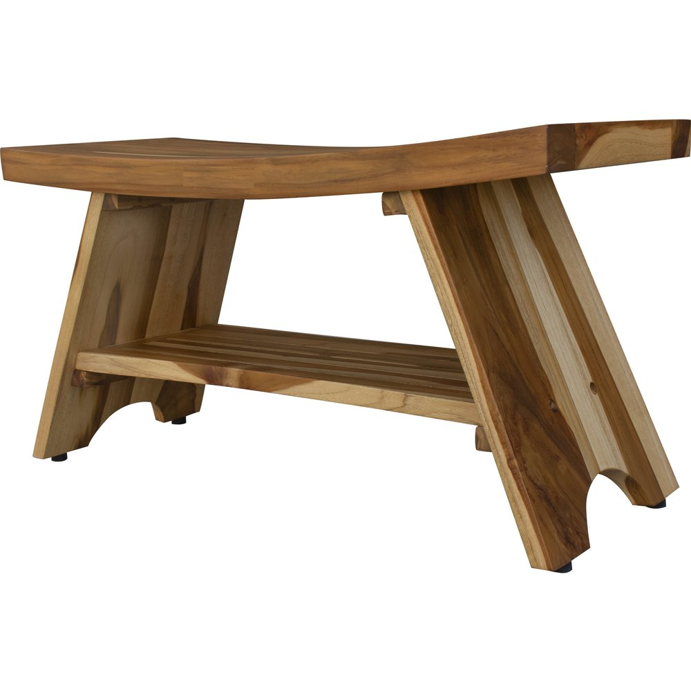 35" Teak Rectangular Shower Outdoor Bench With Shelf In Natural Finish. Shower bench isolated on a plain white background, in a tan wood finish.