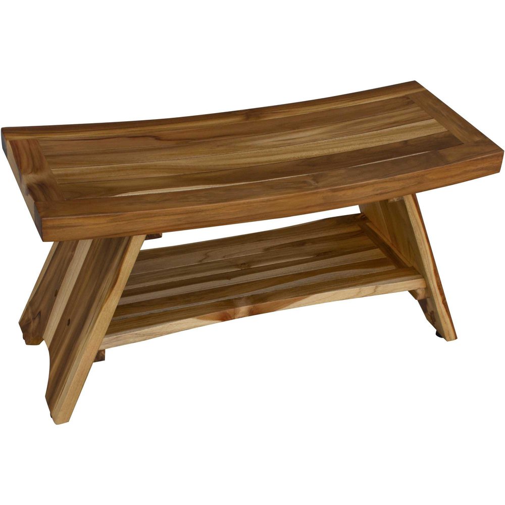 35" Teak Rectangular Shower Outdoor Bench With Shelf In Natural Finish. Shower bench isolated on a plain white background, showing a tan wood surface.