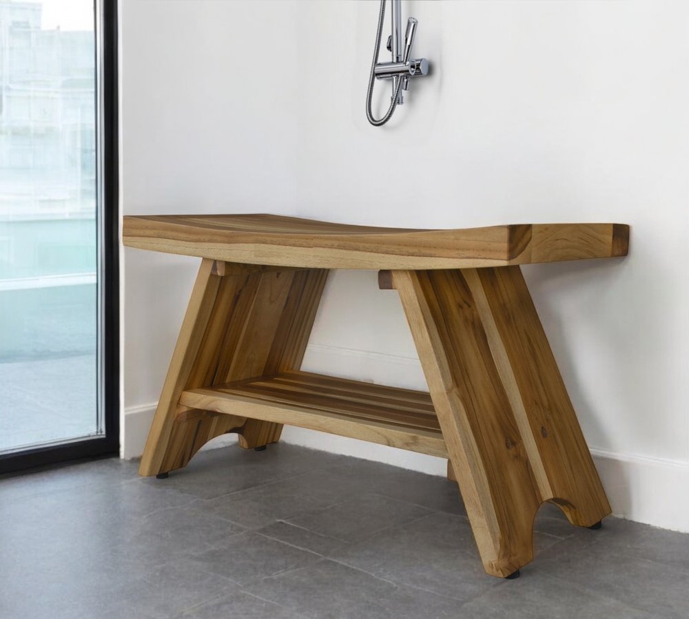 Close-up of 35" Teak Rectangular Shower Outdoor Bench With Shelf In Natural Finish showing wood detail.
