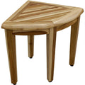 Natural teak corner shower bench with a slatted top and three tapered legs on a white background.