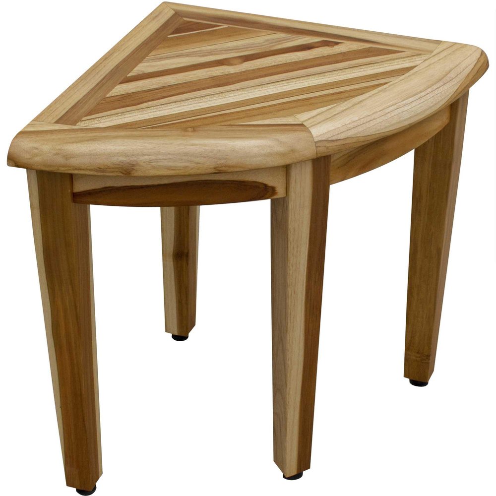 Natural teak corner shower bench with a slatted top and three tapered legs on a white background.