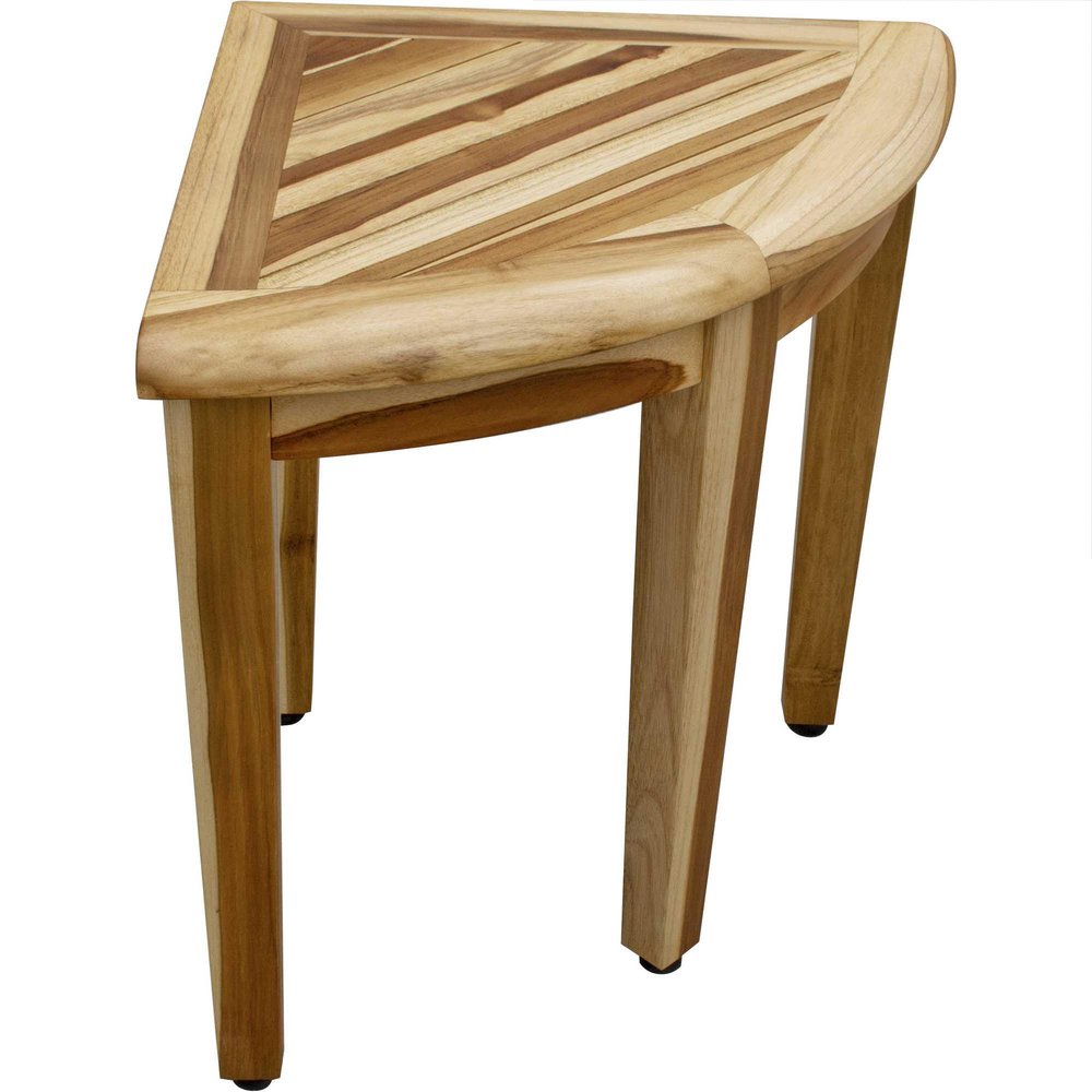 23" Natural Teak Corner Shower Bench. Shower bench isolated on a plain white background, showing a tan teak surface.