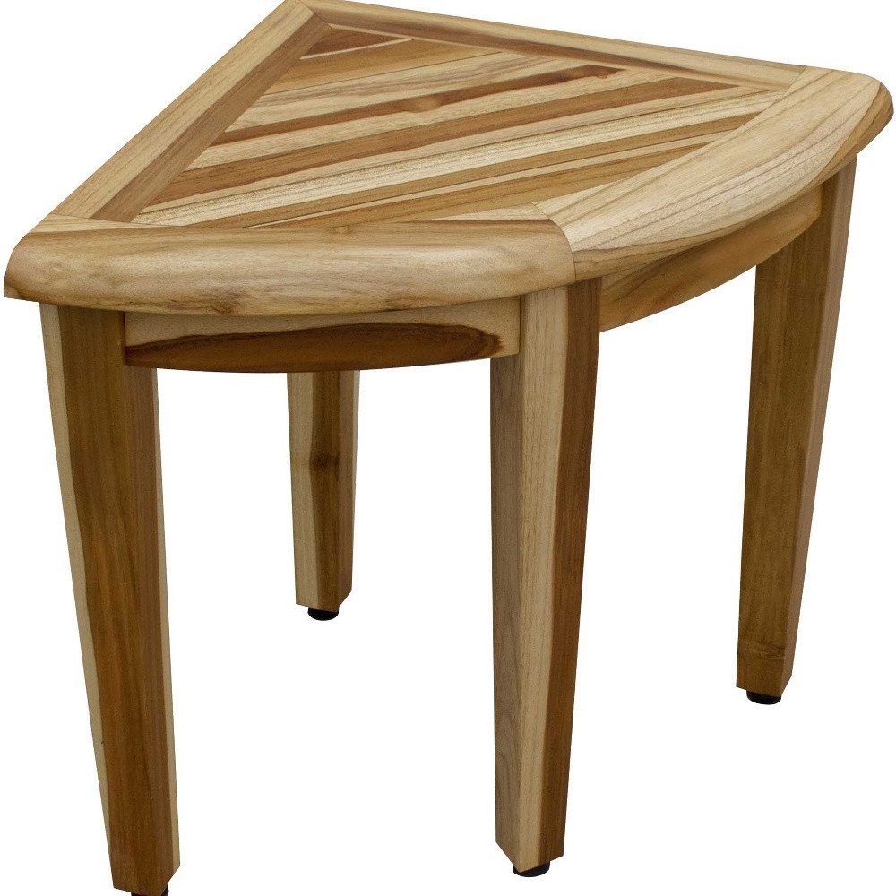 23" Natural Teak Corner Shower Bench. Shower bench isolated on a plain white background, showing a tan teak surface.