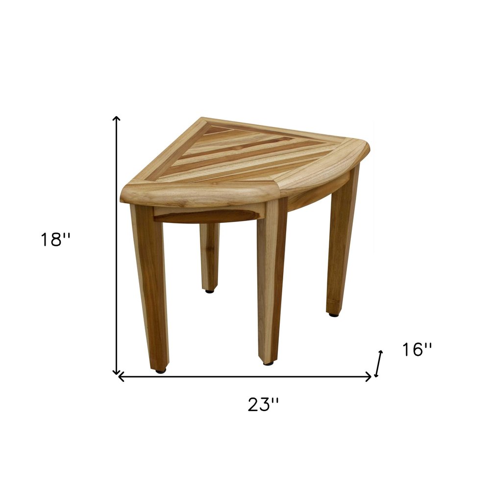 23" Natural Teak Corner Shower Bench. Shower bench isolated on a plain white background, in a tan teak finish.