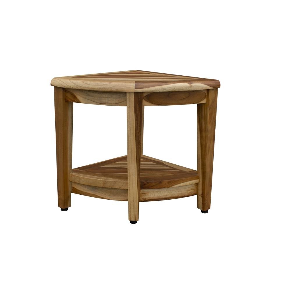 22" Natural Teak Corner Shower Bench With Shelf. Shower bench isolated on a plain white background, in a tan teak finish.