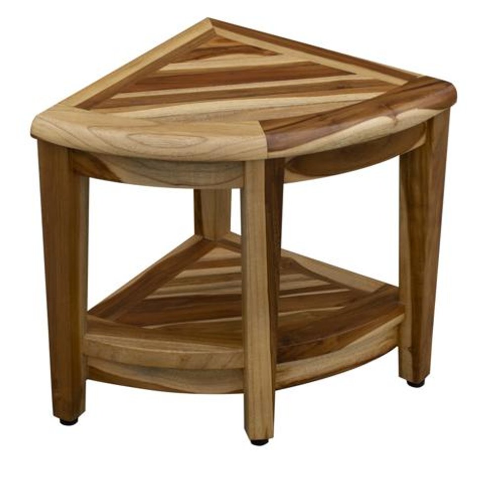 22" Natural Teak Corner Shower Bench With Shelf. Shower bench isolated on a plain white background, finished in tan teak.