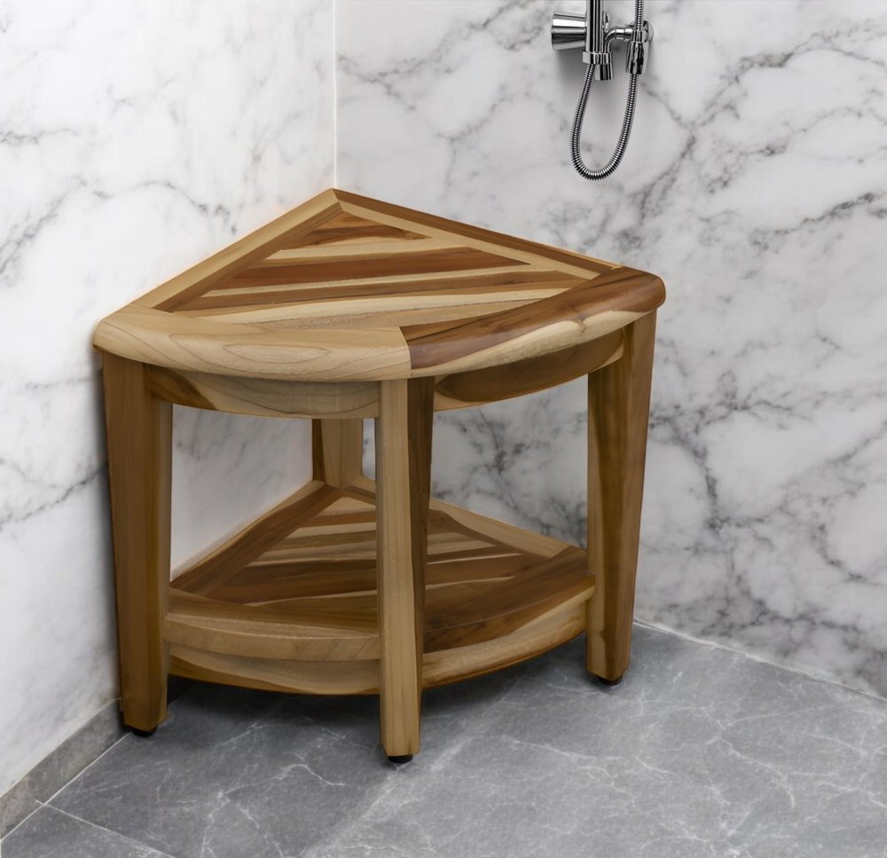 22" Natural Teak Corner Shower Bench With Shelf.