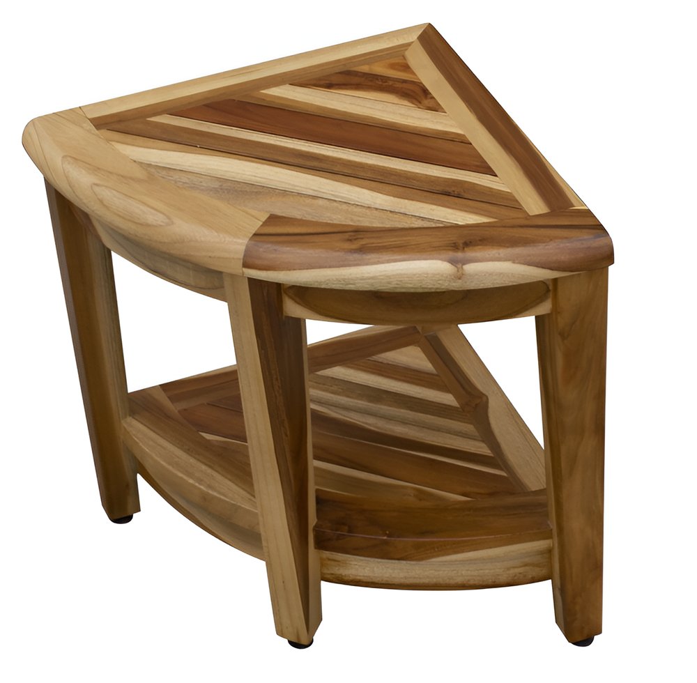 22" Natural Teak Corner Shower Bench With Shelf. Shower bench isolated on a plain white background, showing a tan teak surface.