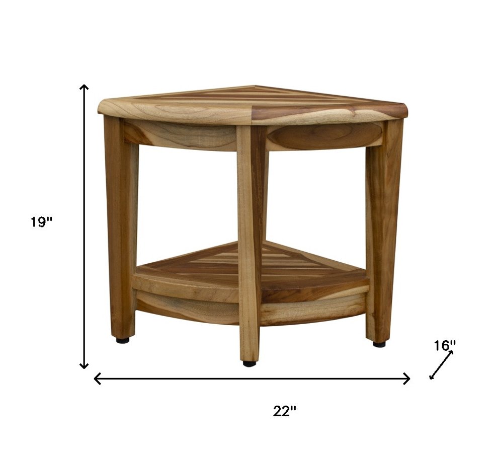 22" Natural Teak Corner Shower Bench With Shelf. Shower bench isolated on a plain white background, finished in tan teak.