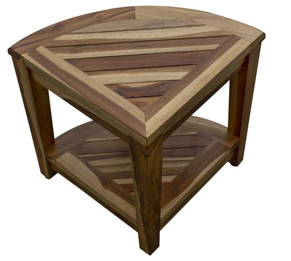 22" Natural Teak Corner Shower Bench With Shelf. Shower bench isolated on a plain white background, finished in tan teak.