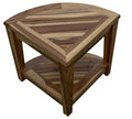 22" Natural Teak Corner Shower Bench With Shelf. Shower bench isolated on a plain white background, finished in tan teak.